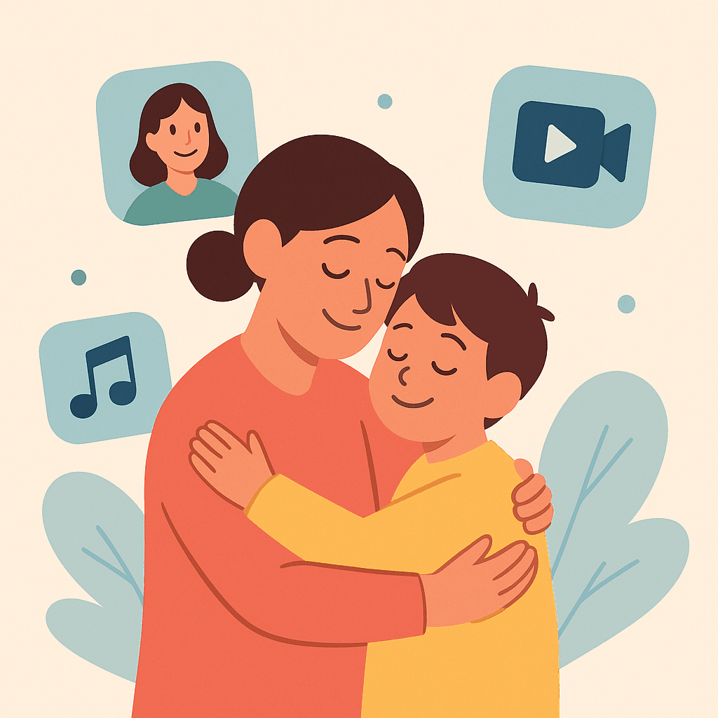 A parent and child hugging, surrounded by memories